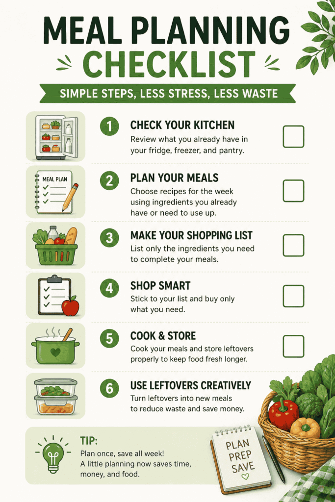 This simple meal planning checklist shows exactly how to plan meals step by step to reduce food waste and save money on groceries. Follow this easy system to organize your kitchen, use ingredients before they spoil, and make weekly meal planning faster and stress-free.