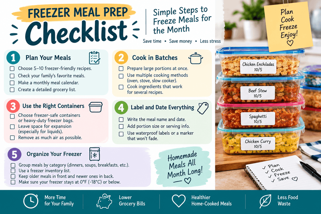 Freezer meal prep checklist showing how to freeze meals for the month with meal planning, batch cooking, freezer-safe containers, food labeling, and freezer organization tips.