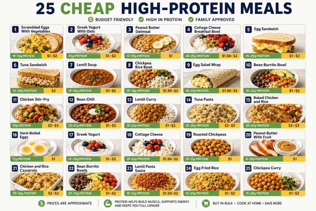 Infographic showing 25 cheap high-protein meals with estimated protein grams and budget-friendly prices, including eggs, tuna sandwiches, lentil soup, chicken stir-fry, bean chili, and chickpea curry.