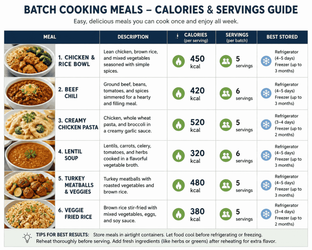 A clear table showing popular batch cooking meals with calories per serving and total servings per batch. Includes easy family meals like chicken rice bowls, beef chili, pasta, lentil soup, and veggie dishes to help beginners plan weekly meals and save time and money.
