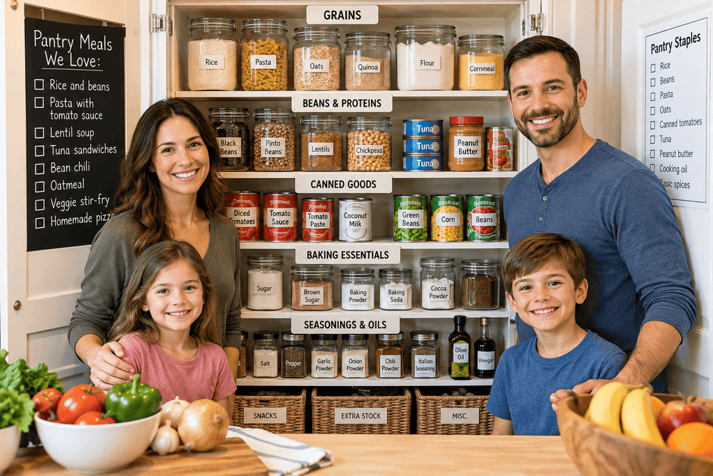 Family of four standing in front of an organized budget pantry filled with pantry staples that save money, including rice, beans, oats, pasta, canned foods, and spices.