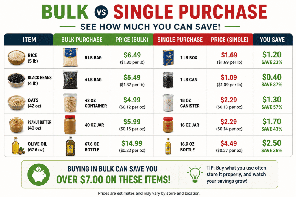 bulk vs single purchase cost chart comparing grocery prices showing how buying in bulk saves money on pantry staples