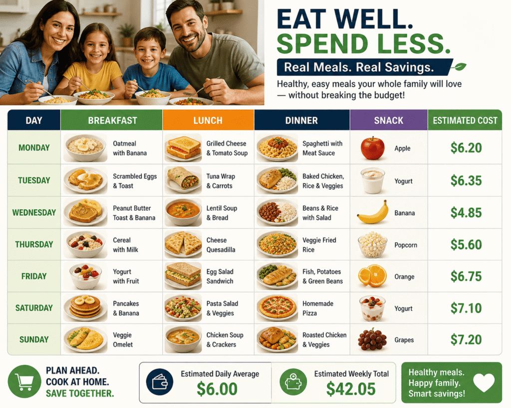 This family meal plan chart shows daily breakfast, lunch, and dinner ideas with estimated costs to help you stay on budget. It’s perfect for a 30-day budget meal challenge and shows how families can plan cheap meals, reduce grocery bills, and save money every week.