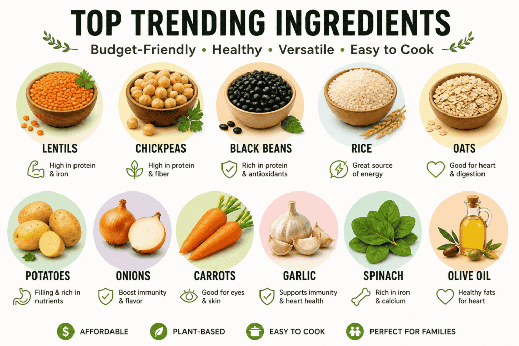 This image highlights the top cheap vegetarian ingredients that help families save money on groceries. Staples like lentils, beans, rice, potatoes, pasta, and vegetables are the foundation of vegetarian meals on a budget. These affordable ingredients are easy to use, filling, and perfect for creating healthy meals without increasing your grocery bill.