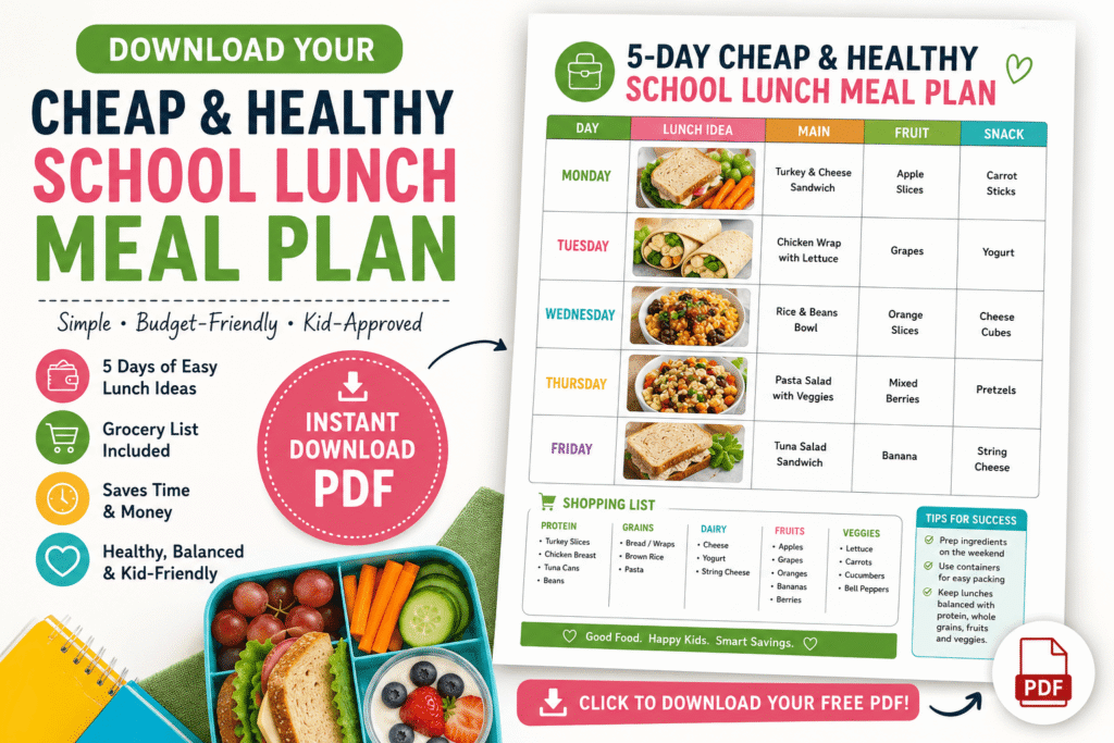 Downloadable cheap healthy school lunch meal plan PDF showing a 5-day lunch schedule, grocery list, budget-friendly lunch ideas, and simple meal prep tips for families
