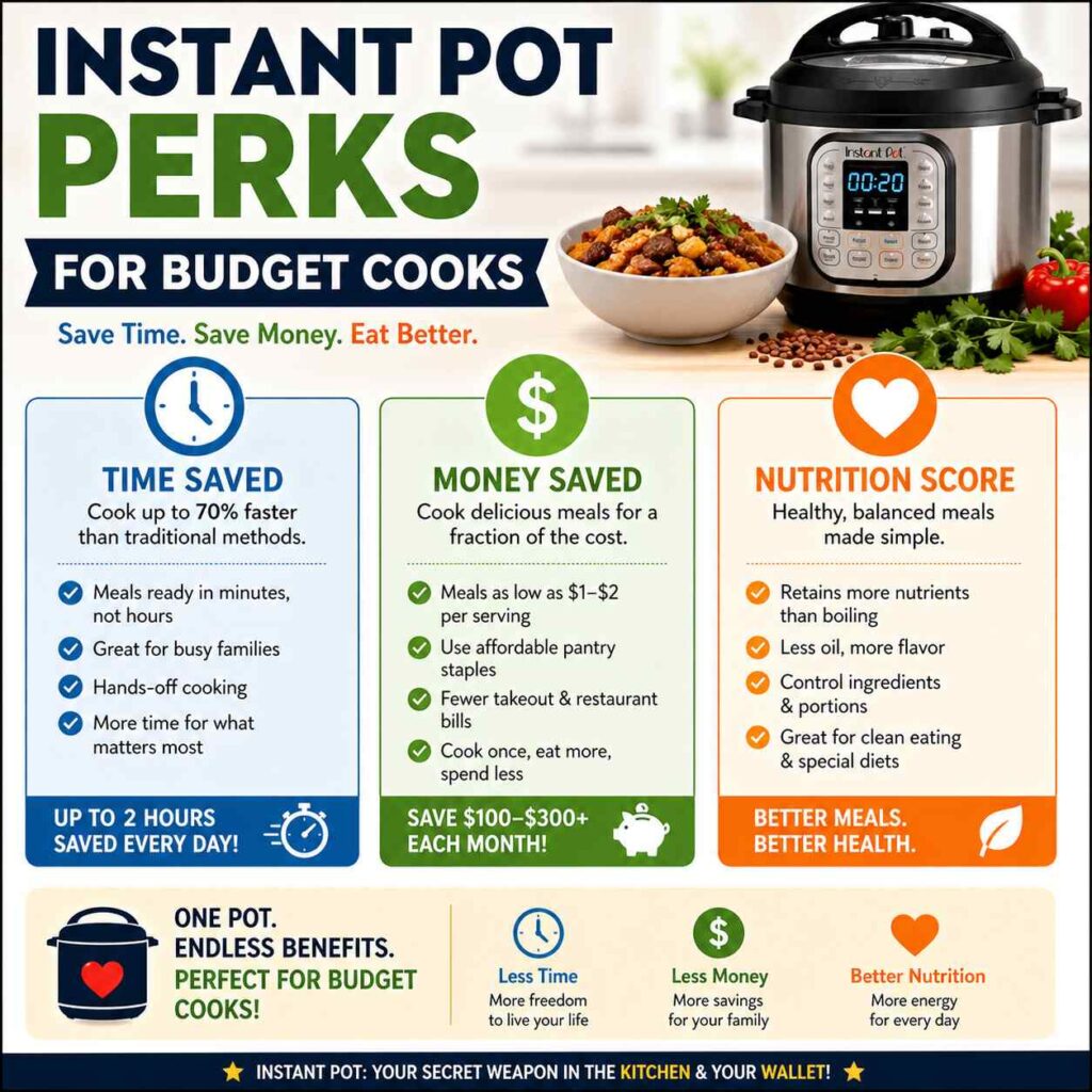 This Instant Pot budget cooking infographic shows how families can save time, reduce grocery costs, and cook healthier meals using simple ingredients. It highlights faster cooking times, meals under $2 per serving, and easy one-pot recipes that help cut food expenses while improving nutrition.