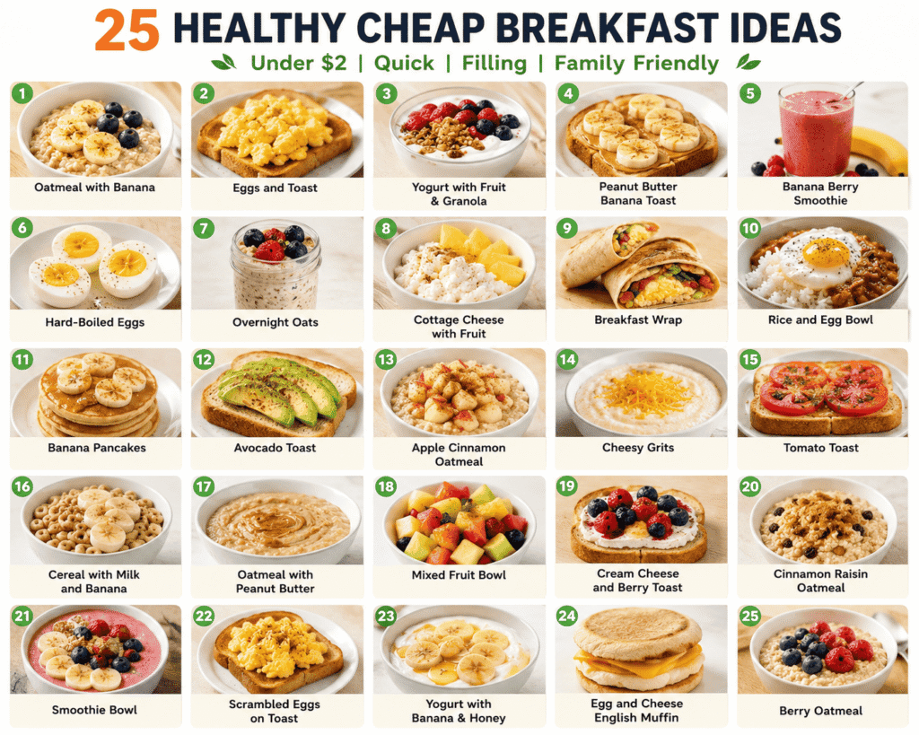 Photo grid showing 25 healthy cheap breakfast ideas including oatmeal, eggs, smoothies, yogurt bowls, toast, pancakes, and breakfast wraps under $2