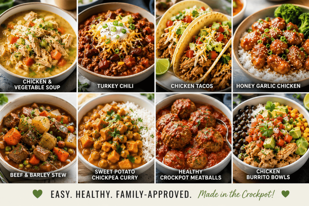 Photo grid featuring healthy family-friendly crockpot meals including turkey chili, chicken tacos, vegetable soup, beef stew, honey garlic chicken, meatballs, curry, and burrito bowls
