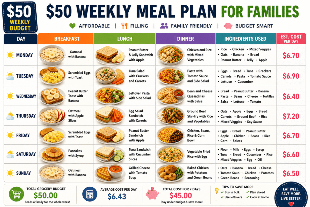 This table shows a complete $50 weekly meal plan for families with daily meals, ingredients used, and cost breakdown per day. It helps families plan cheap meals, track grocery spending, and stay within a $50 weekly food budget.
