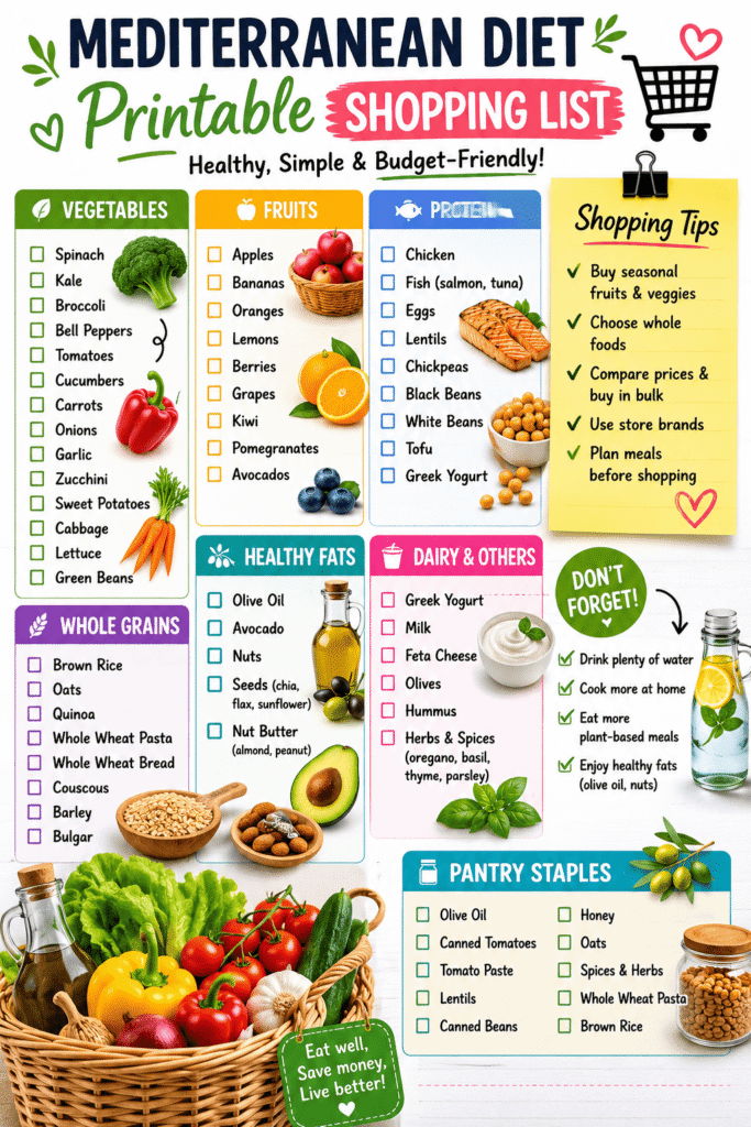 Printable Mediterranean diet shopping list with vegetables, fruits, whole grains, beans, healthy fats, dairy, pantry staples, and budget-friendly grocery tips for healthy family meal planning.
