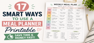 Landscape featured image showing a weekly meal planner printable with organized meals and tips to save time and grocery money.