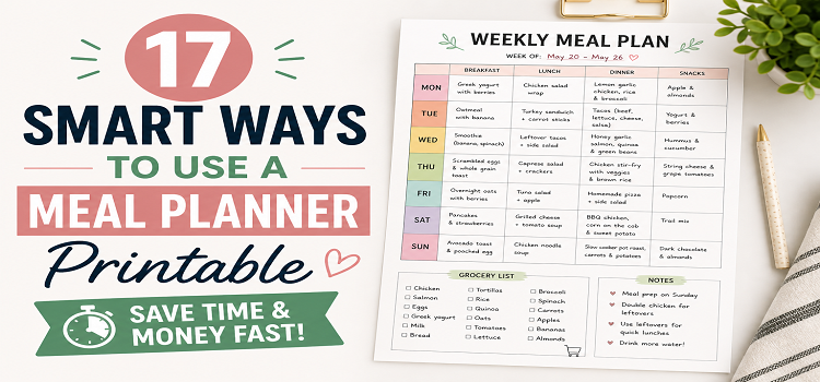 Landscape featured image showing a weekly meal planner printable with organized meals and tips to save time and grocery money.
