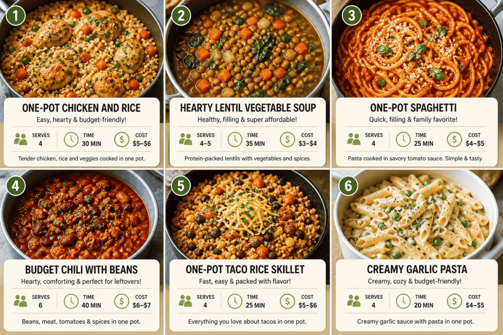 This recipe collage shows six easy one-pot budget meals with cooking time, cost, and serving size for each dish. These cheap family dinners are quick to make, use simple ingredients, and are perfect for busy weeknights. A great visual guide for anyone looking for affordable one-pot recipes that save time and money.