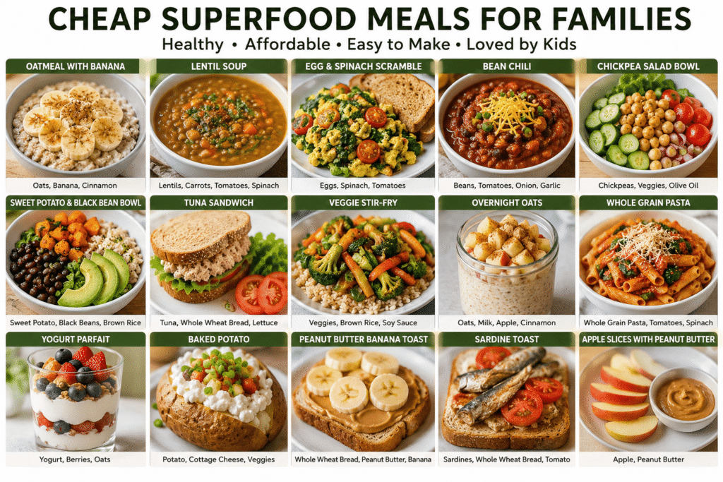 Photo collage of cheap superfood meals for families including oatmeal with bananas, lentil soup, bean chili, yogurt parfaits, vegetable stir-fry, whole grain pasta, and baked potatoes.