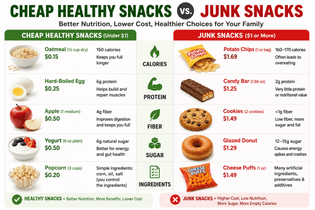 Comparison chart showing healthy snacks under $1 like fruit, popcorn, oats, and eggs versus junk snacks like chips and candy with calories, sugar, protein, and cost comparison.