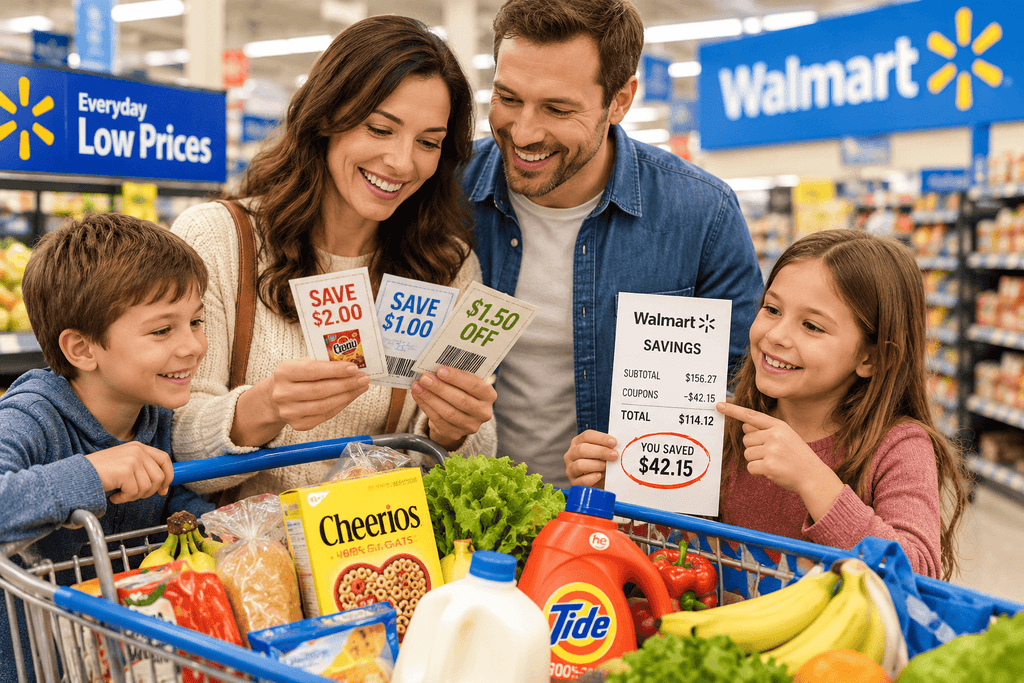 Family saving money on groceries at Walmart using paper coupons and smart couponing tips for beginners.