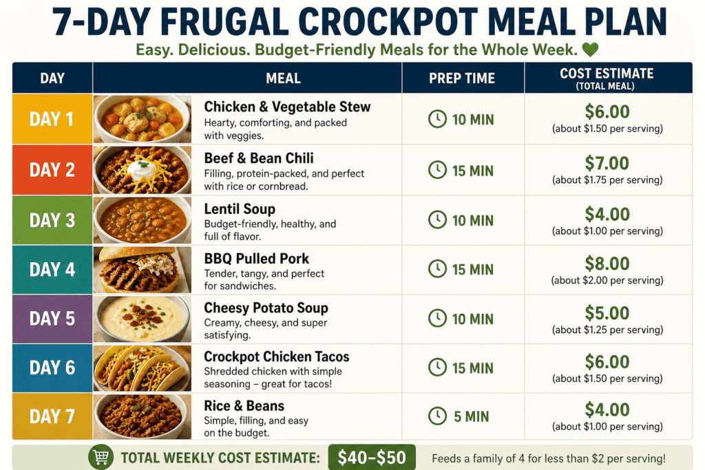 A clear 7-day frugal crockpot meal plan table showing each day’s meal, prep time, and cost estimate. Designed for busy families, this budget-friendly slow cooker plan keeps meals under $10 while saving time and reducing grocery bills. Perfect for weekly meal prep and easy planning.