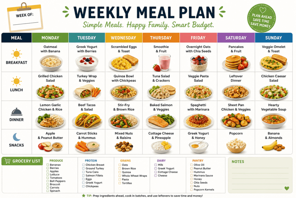This weekly meal planner template helps families organize breakfast, lunch, and dinner while building a simple grocery list. It’s designed to make meal planning without coupons easier, reduce food waste, and cut grocery costs every week. Perfect for busy families looking to save money and stay organized.