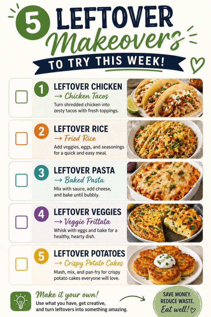 checklist graphic showing 5 leftover makeover ideas including chicken tacos fried rice baked pasta veggie frittata and potato cakes