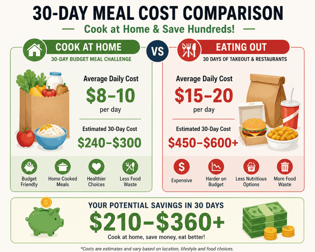 This simple infographic compares the cost of eating out versus following a 30-day budget meal challenge. It shows how families can cut grocery bills, reduce food spending, and save hundreds in just one month by planning meals and cooking at home.
