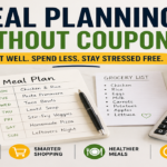 meal planning without coupons setup with weekly meal plan notebook grocery list fresh vegetables and calculator showing budget savings