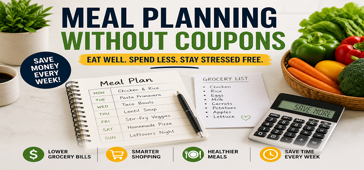 meal planning without coupons setup with weekly meal plan notebook grocery list fresh vegetables and calculator showing budget savings