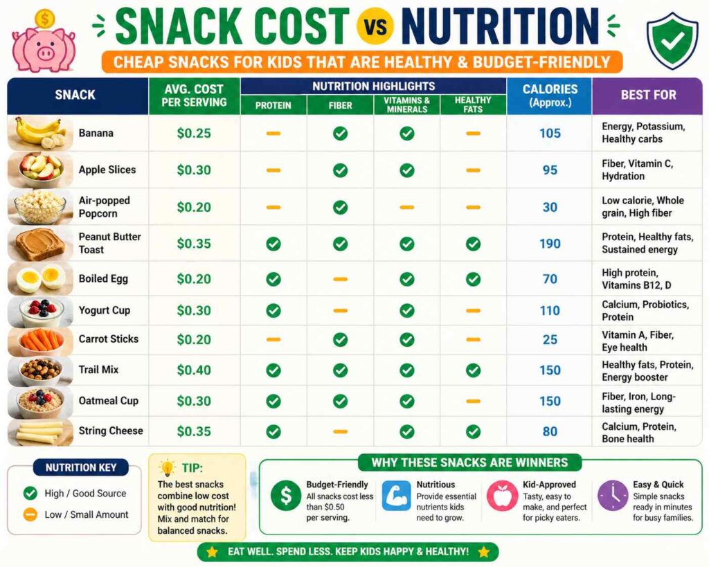 This snack cost vs nutrition chart shows the best cheap snacks for kids with price per serving, calories, protein, and key health benefits. Compare options like bananas, popcorn, yogurt, eggs, and crackers to find budget-friendly snacks that keep kids full and healthy without overspending.