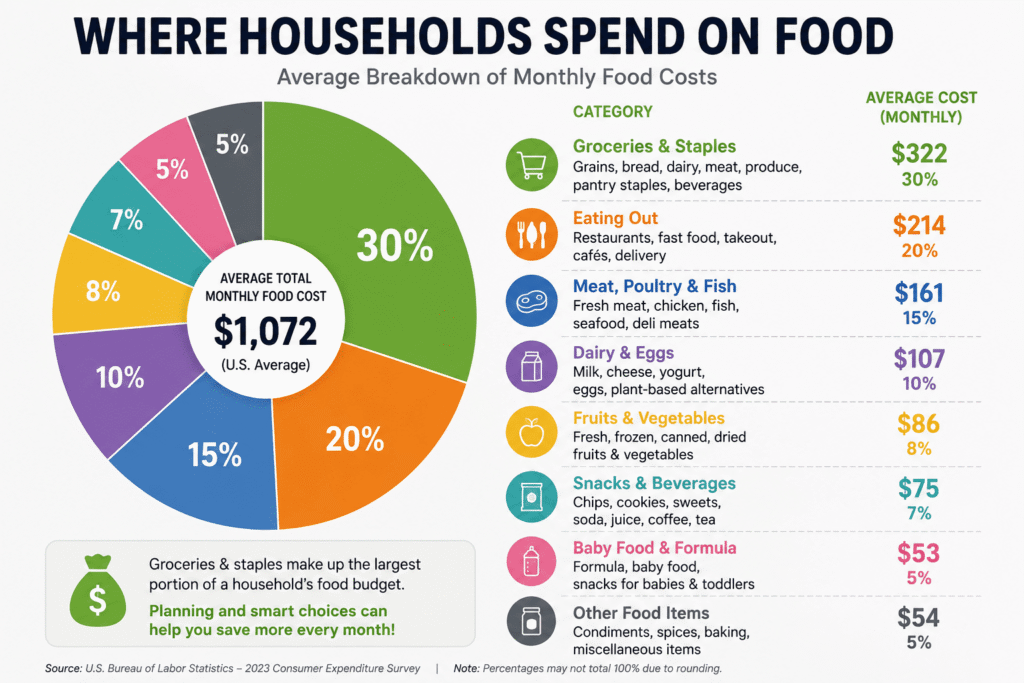 Pie chart showing household food costs divided into categories like snacks, groceries, eating out, drinks, and meal ingredients to highlight how snack spending affects family budgets.