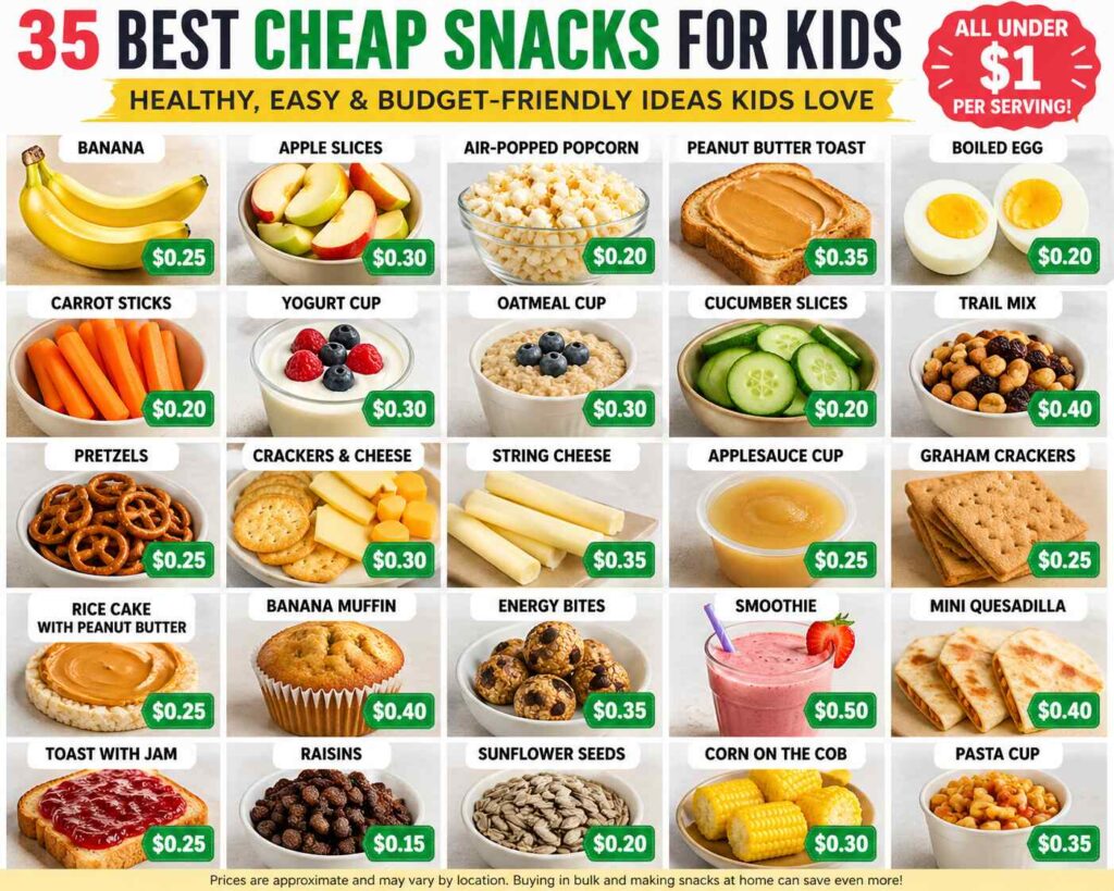 Looking for cheap snacks for kids that are healthy and budget-friendly? This grid shows 35 easy snack ideas with price tags, including fruit, popcorn, yogurt, crackers, and simple homemade snacks that cost under $1. Perfect for parents who want to save money while giving kids snacks they actually enjoy.