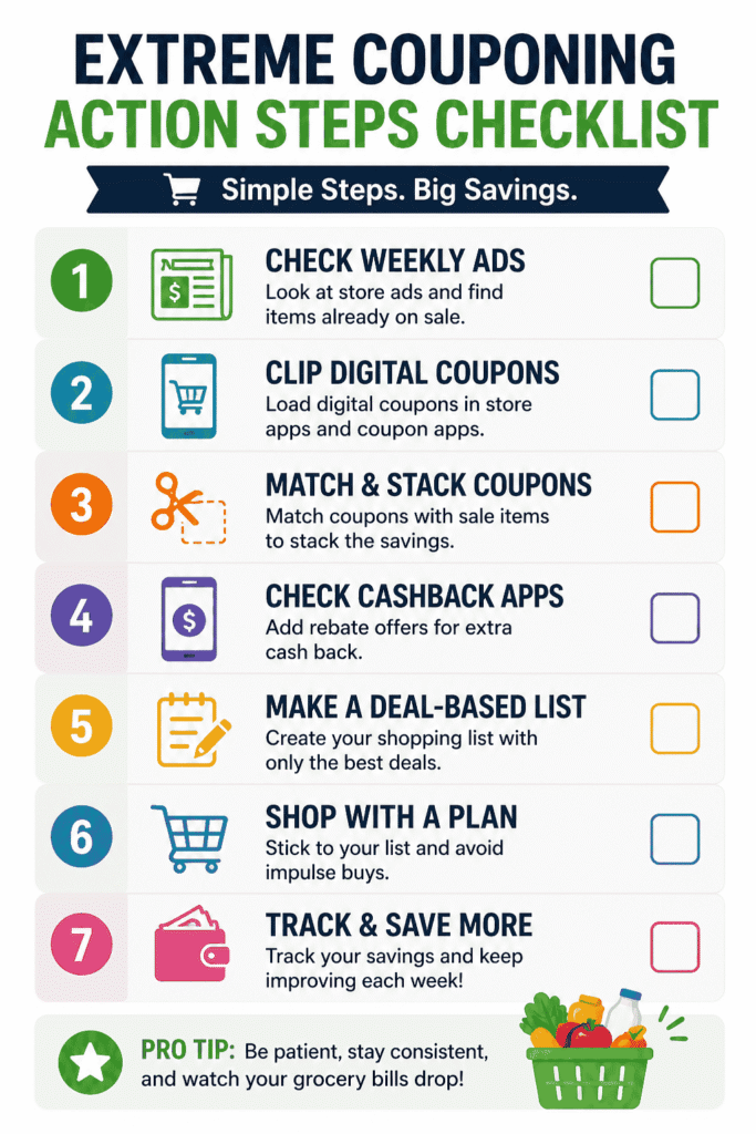 This simple checklist breaks down grocery hacks from extreme couponers into 7 easy steps, including checking weekly ads, using digital coupons, stacking deals, and applying cashback apps. It helps families follow a clear system to save money on groceries every week and build consistent long-term savings.