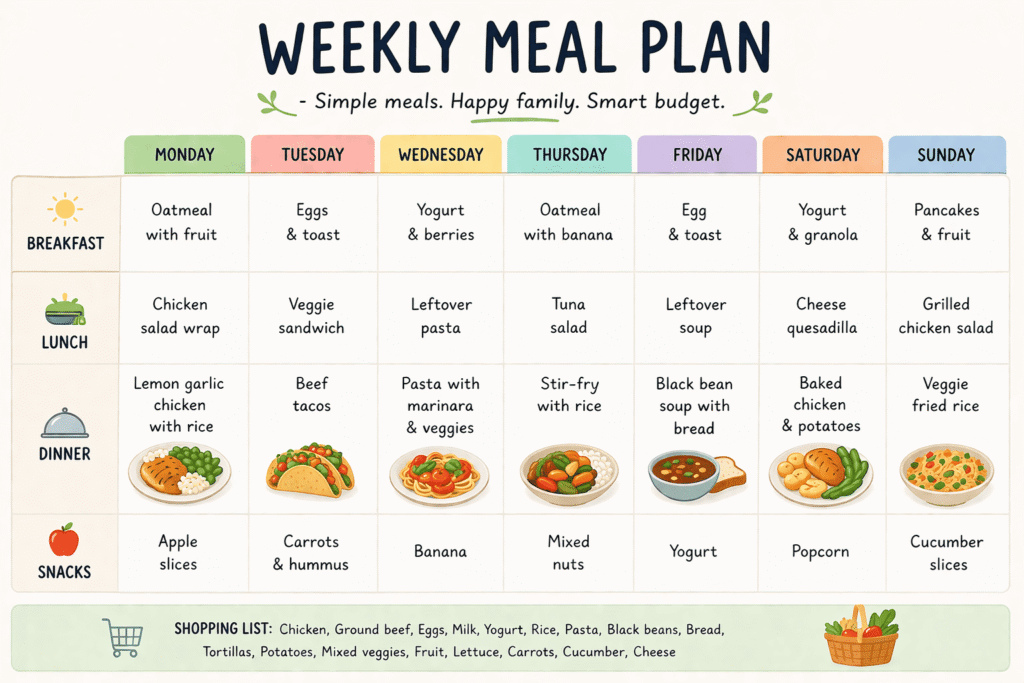 This simple weekly meal planning calendar shows how to organize $10 healthy family dinners for every day of the week. It helps families save money, reduce stress, and plan cheap, healthy meals using a clear and easy layout. Perfect for anyone looking to cut grocery costs while still feeding their family well.