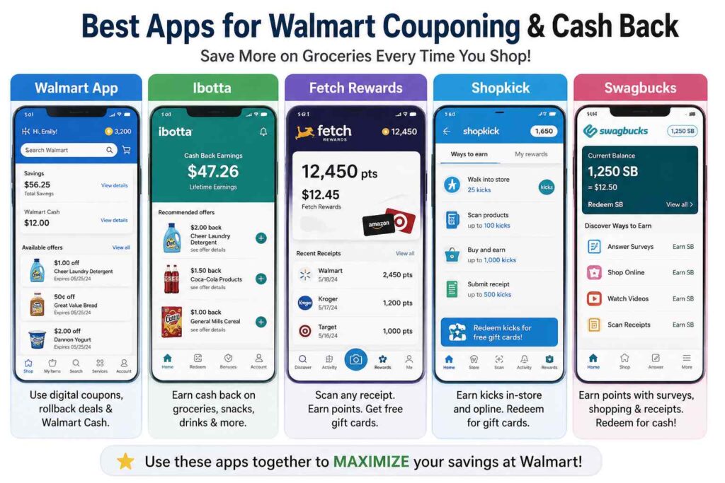 This visual guide shows the top apps for Walmart couponing, including cashback and receipt apps that help you save more on groceries. A simple overview for beginners who want to stack savings and reduce their Walmart shopping costs fast.