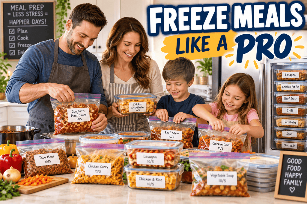Family of four learning how to freeze meals for the month, preparing freezer-friendly dinners in labeled containers and bags to save time and money.