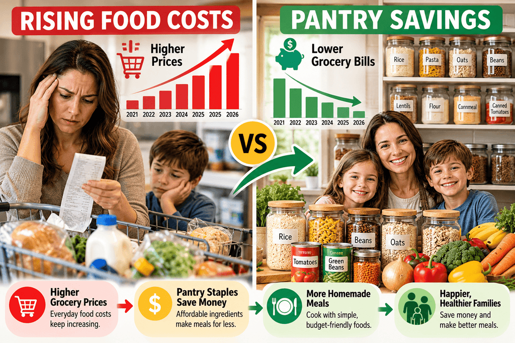 Rising food costs vs pantry savings comparison showing a family facing higher grocery prices and another family saving money with affordable pantry staples like rice, beans, oats, pasta, and lentils.
