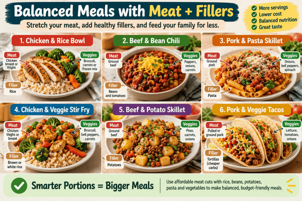 Six budget-friendly meat meals showing how to stretch chicken, beef, and pork with rice, beans, pasta, potatoes, and vegetables to save money on meat and feed a family for less.