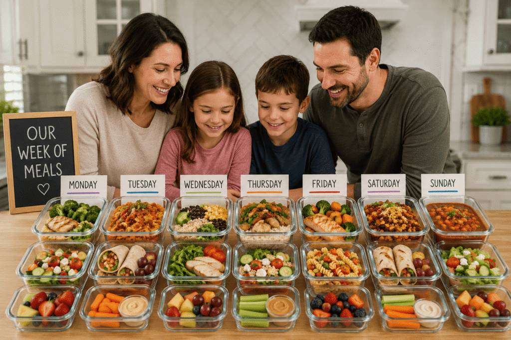 Family with healthy meal prep containers organized for every day of the week in a bright kitchen with easy make-ahead meals for busy families