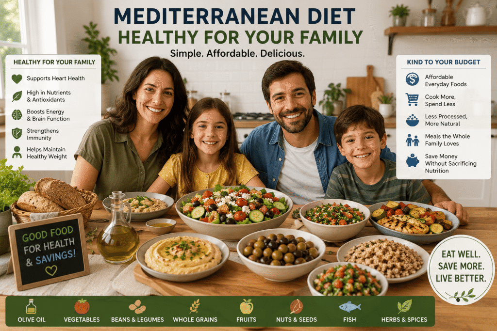 Happy family sitting around a table with budget-friendly Mediterranean diet meals including vegetables, salad, whole grains, olive oil, bread, and healthy homemade dinner foods.
