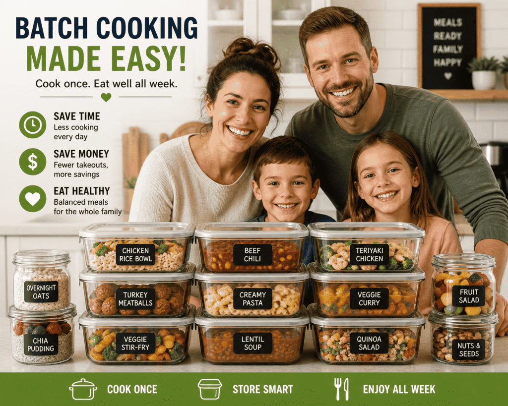 A family preparing and organizing batch cooking meals in the kitchen with containers filled with ready-to-eat food. This scene shows how families can cook once, store meals, and enjoy easy dinners all week while saving time and money.