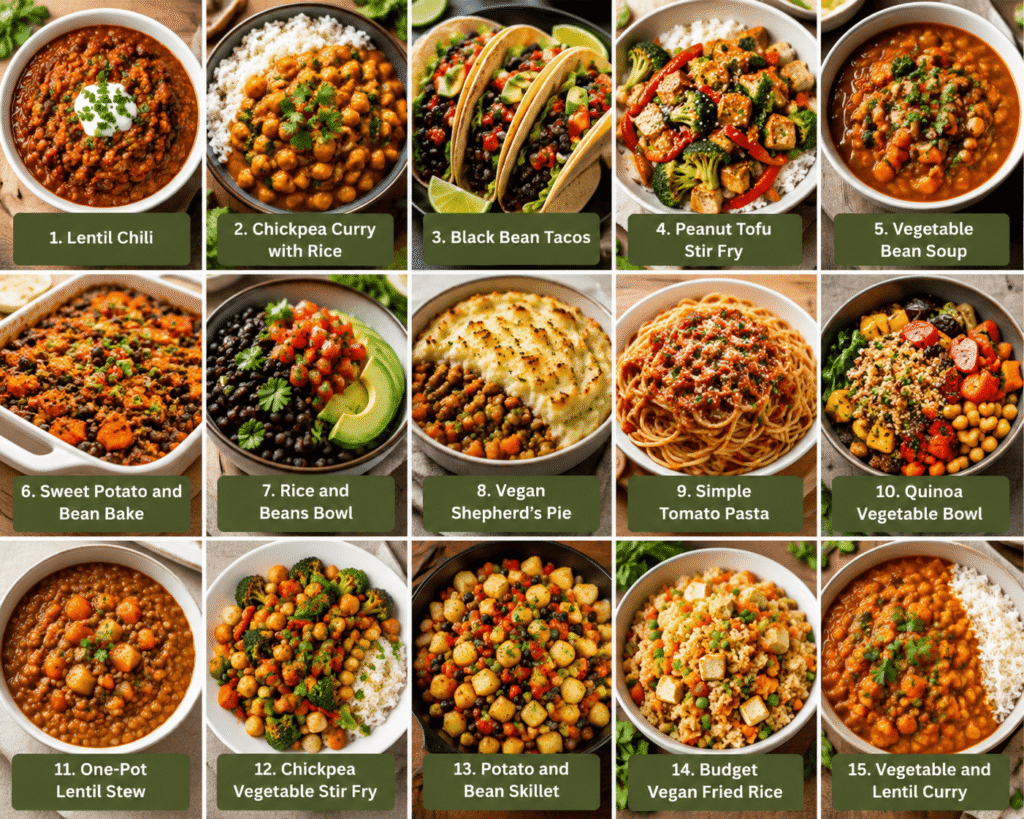 Easy frugal vegan dinners made with cheap pantry staples like beans, lentils, rice, potatoes, and vegetables. This meal photo grid features healthy budget-friendly vegan recipes perfect for families looking to save money on groceries without sacrificing flavor.