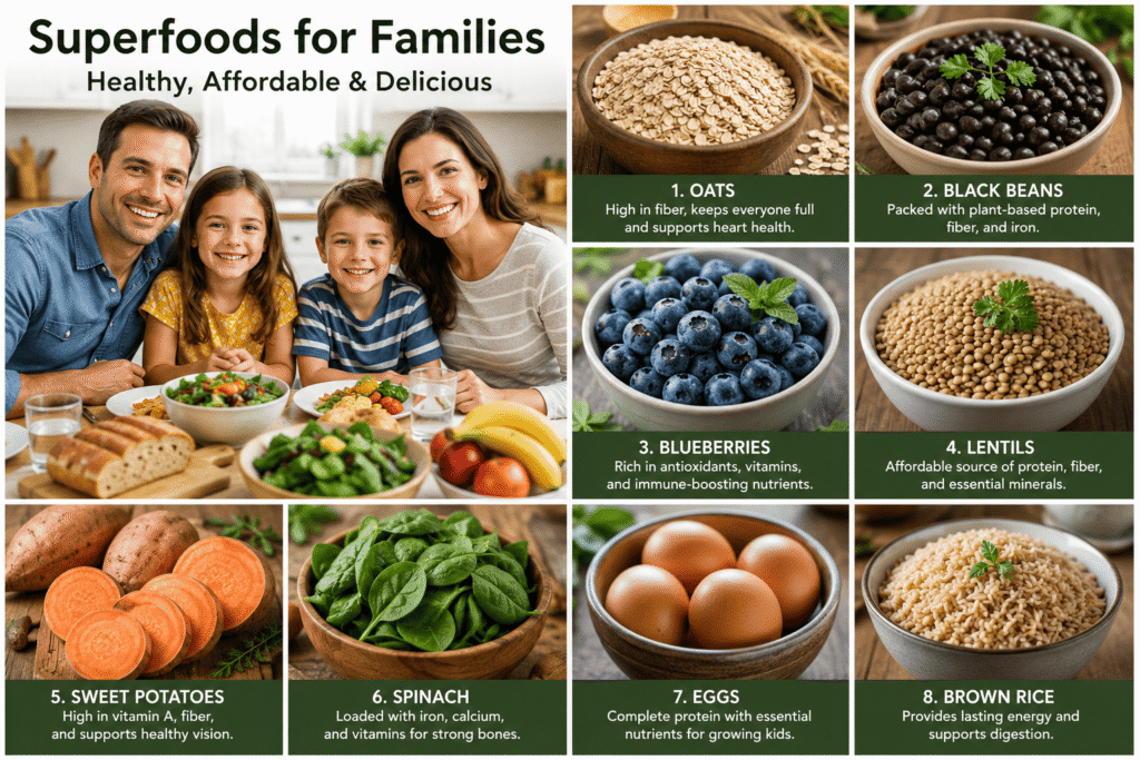 Photo collage showing a happy family with cheap superfoods including oats, beans, eggs, sweet potatoes, bananas, spinach, yogurt, and frozen berries on a kitchen table.