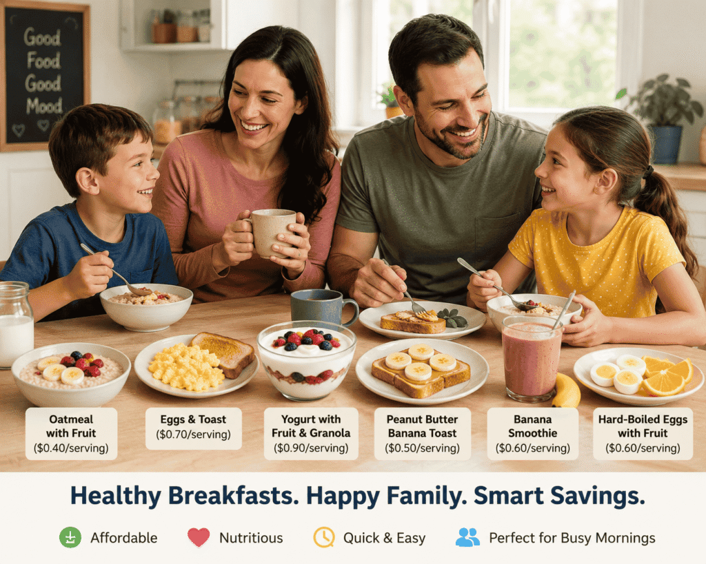 A happy family enjoying healthy cheap breakfast ideas with simple foods like oatmeal, eggs, toast, fruit, and smoothies. These quick and filling breakfast meals help families save money while eating healthy every morning.