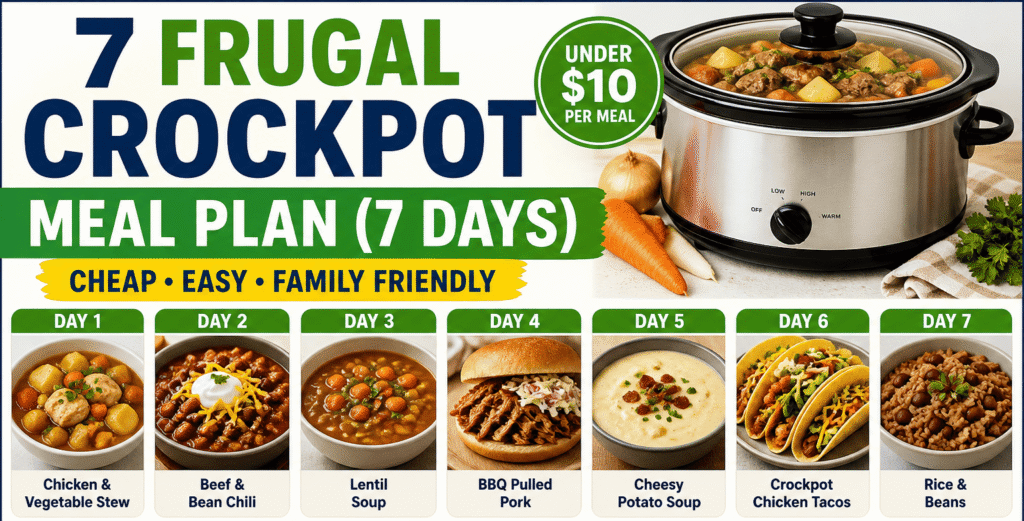 7 frugal crockpot meal plan showing cheap slow cooker dinners for a full week under $10 per meal