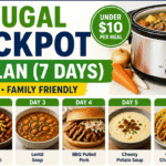 7 frugal crockpot meal plan showing cheap slow cooker dinners for a full week under $10 per meal