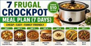 7 frugal crockpot meal plan showing cheap slow cooker dinners for a full week under $10 per meal