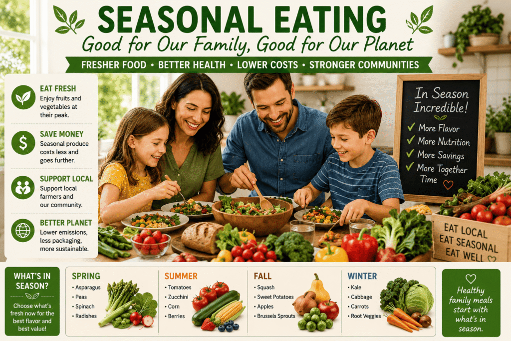 Family enjoying seasonal eating with fresh vegetables and healthy homemade meals for budget-friendly family meal planning