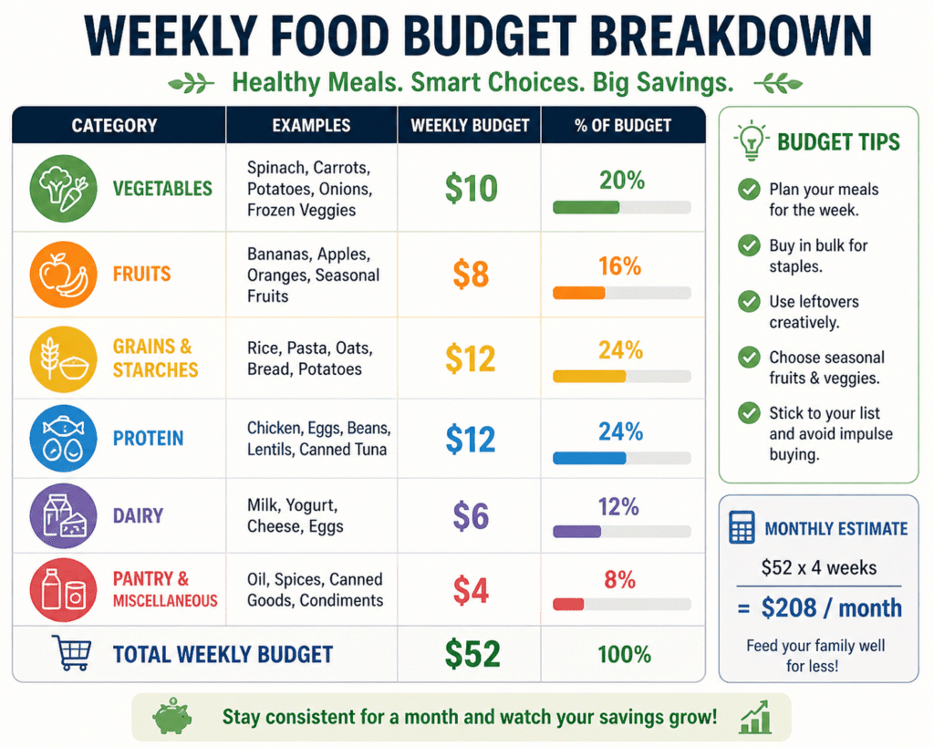 weekly food budget breakdown chart showing categories like vegetables, fruits, grains, protein, and total grocery cost for budget meal planning