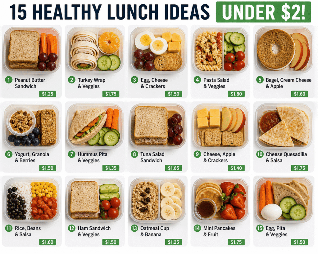 This photo grid shows 17 cheap school lunch ideas under $2, including sandwiches, wraps, pasta, rice meals, and snack boxes. It helps families plan lunchbox meal planning under $2/day with simple, affordable meals that are easy to prep and kid-friendly.