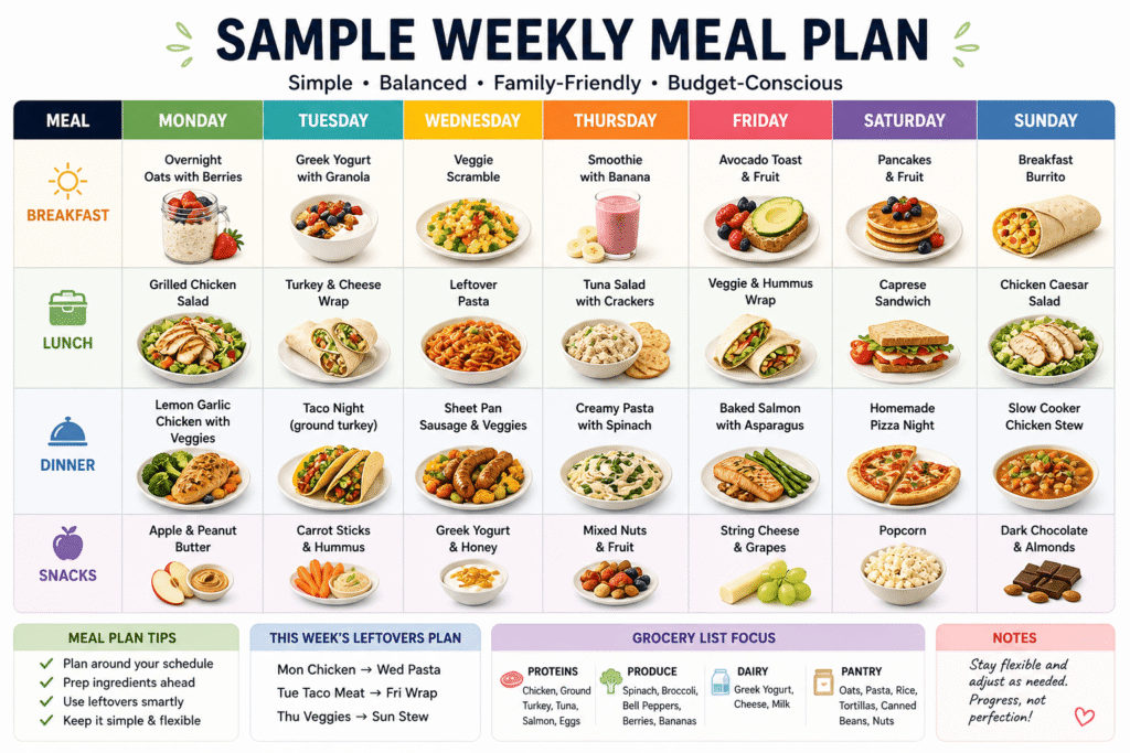 This simple weekly meal plan grid shows how to organize family meals from Monday to Sunday without stress. Plan easy, budget-friendly dinners, reduce food waste, and save money with a clear weekly layout. Perfect for beginners who want a simple meal planning system that actually works.