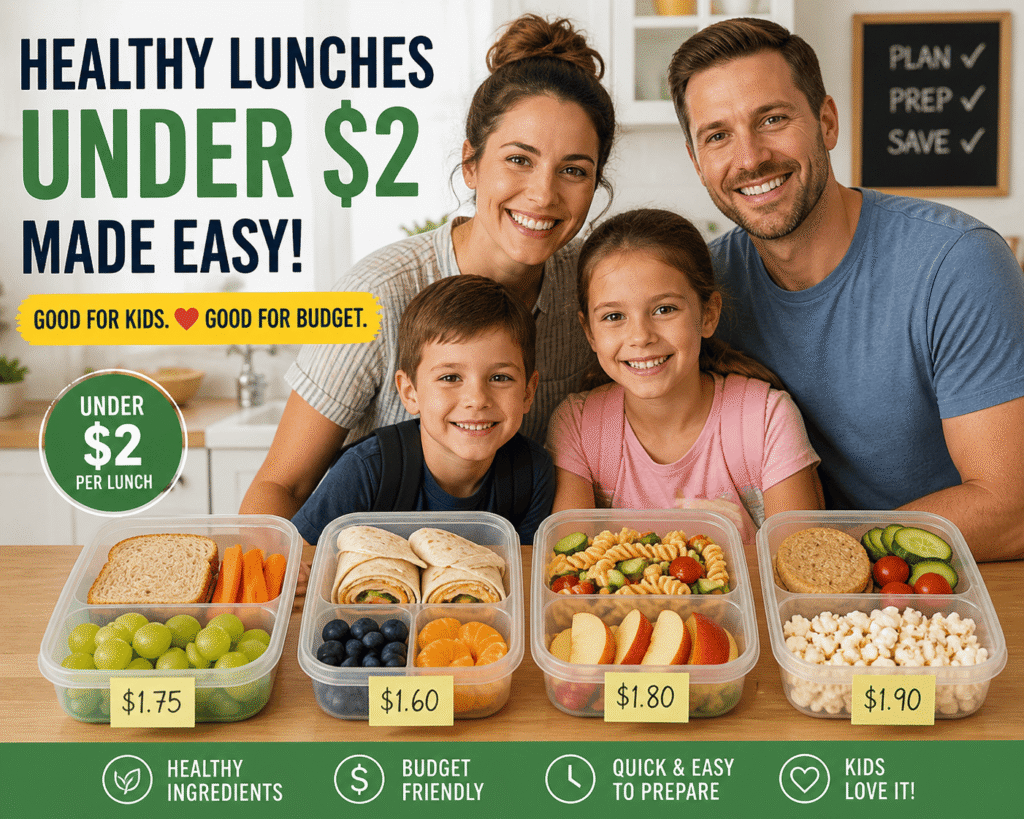 A family prepares healthy school lunches under $2 using simple ingredients like wraps, fruit, pasta salad, and snacks. This image shows how lunchbox meal planning under $2/day can save money while keeping kids happy and well-fed with easy, budget-friendly meals.
