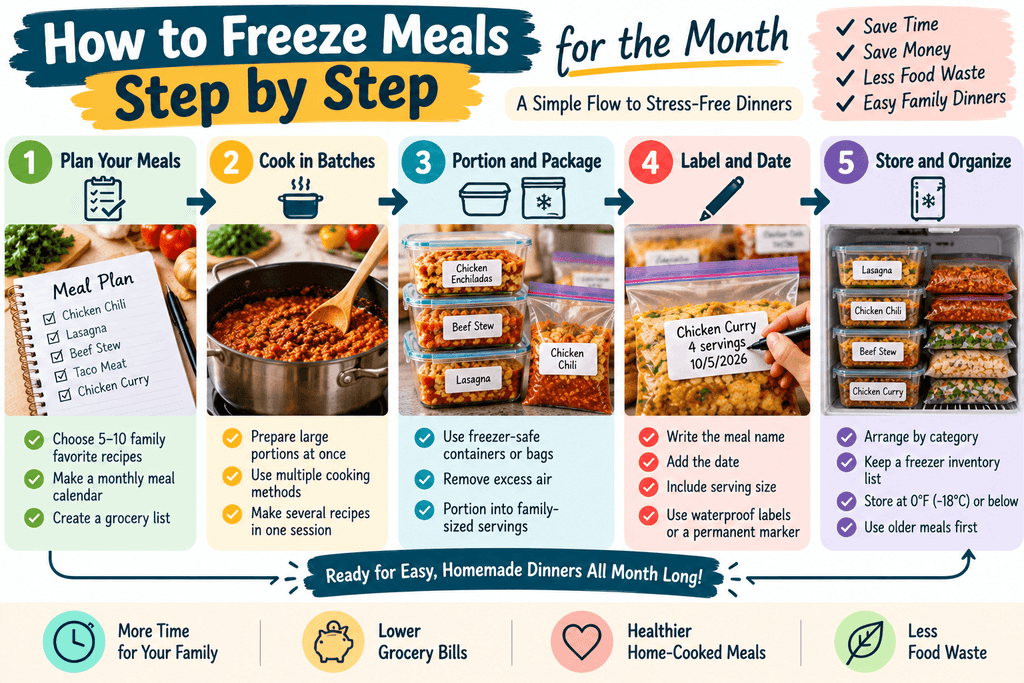 Step-by-step flowchart showing how to freeze meals for the month, including meal planning, batch cooking, portioning, labeling, and freezer organization.